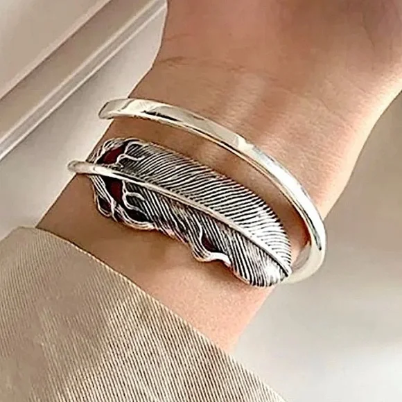 Silver Feather Bangle Cuff Bracelet - Picture 2 of 9